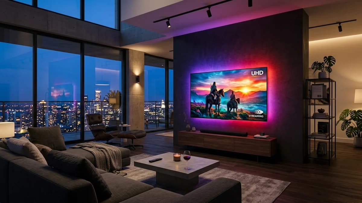 Meilleur abonnement IPTV en France - Diffusion 4K Ultra HD dans un salon moderne